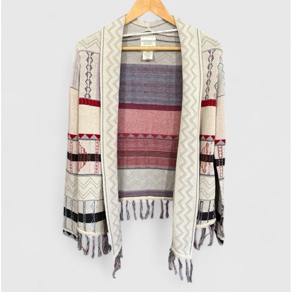Boho Open Cardigan Sweater Fringe Aztec Beige Red Cottagecore Women's Small